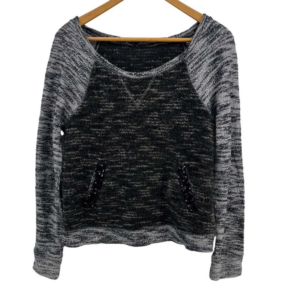 Miss Me‎ Black Grey Sequin Raglan Sleeve Elbow Patch Wool Blend Sweater Small